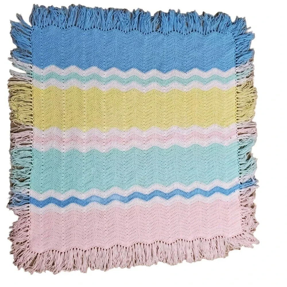 Handmade Crochet Chevron Ripple Baby Blanket Lap Afghan Multicolor With Fringe